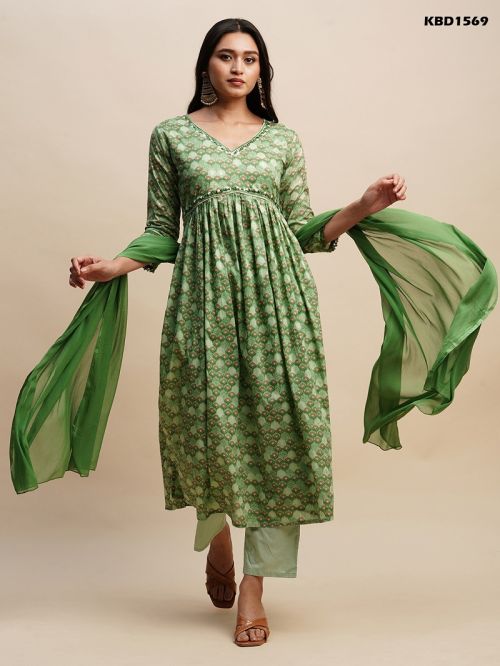 Green Printed cotton kurti pant with dupatta