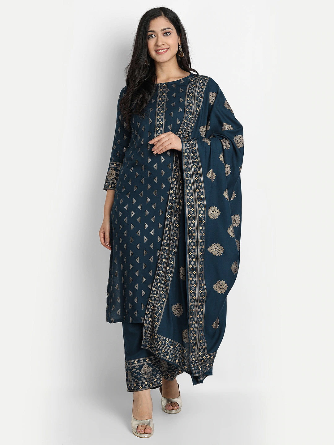 Neavy Blue & Golden Printed Fancy Kurti With Bottom & Dupatta set