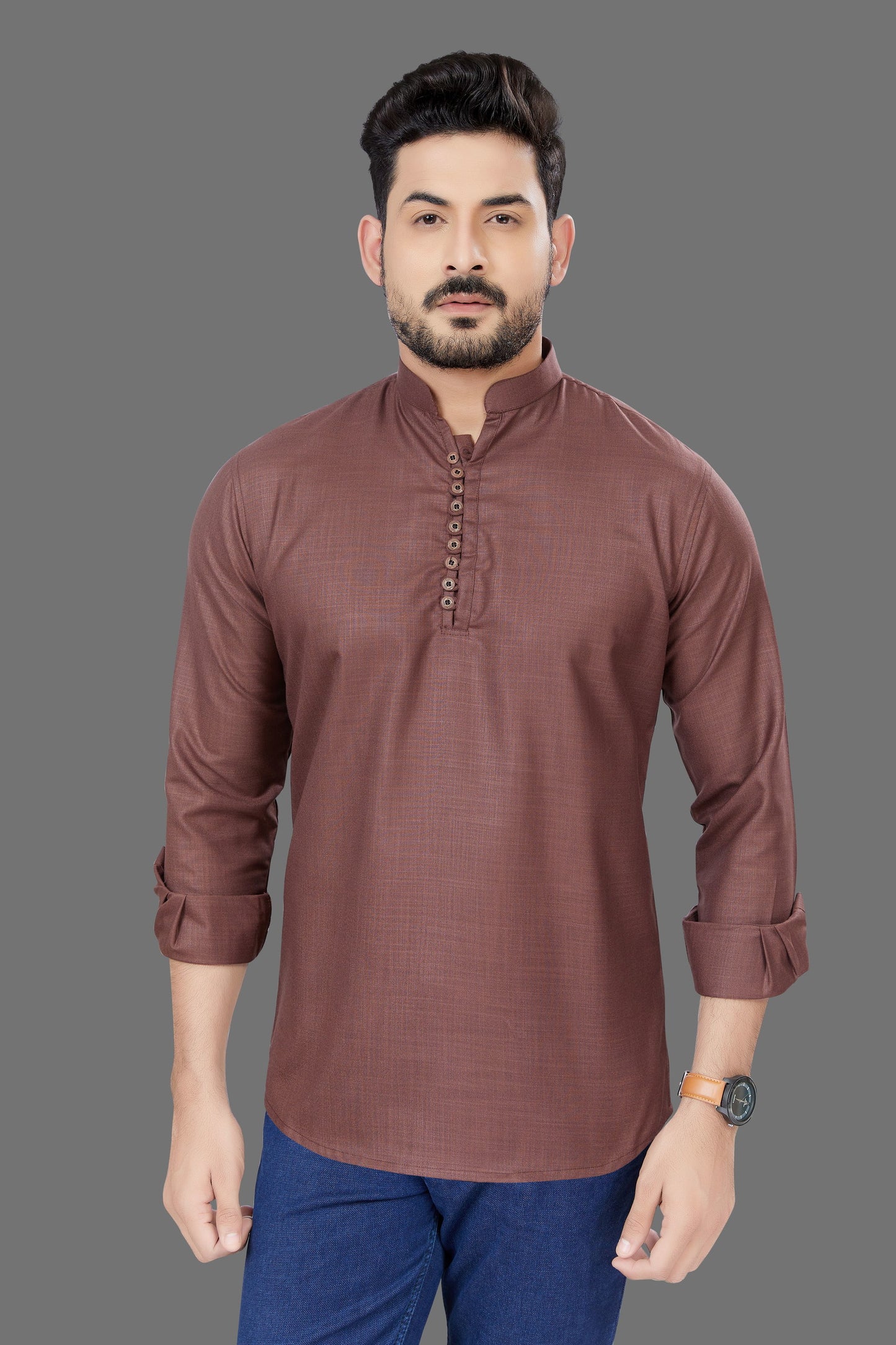 Brown Colour Mens Cotton Short Kurta