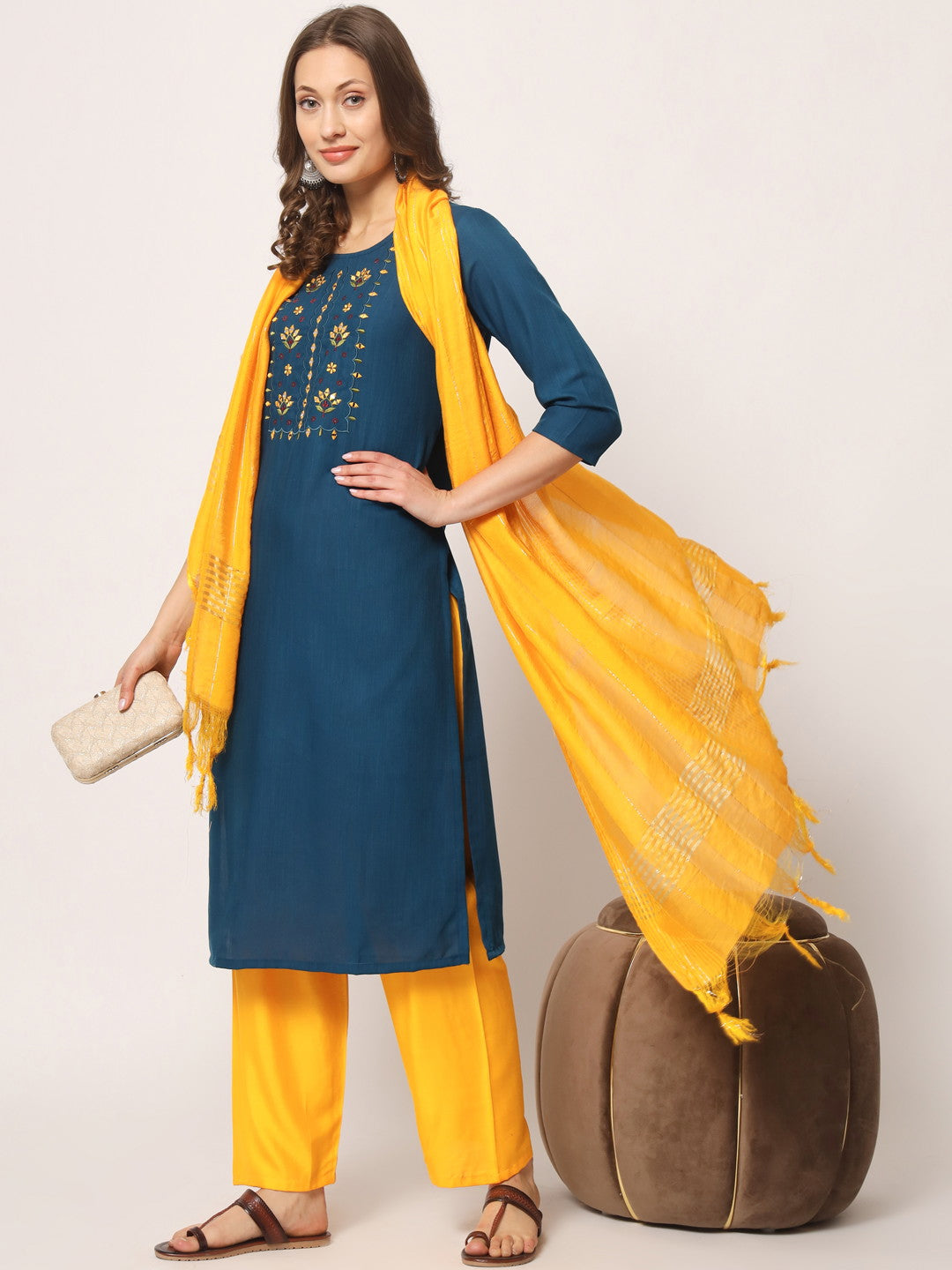 Blue Colour Reyon Embroidery With Mirror Casual Wear Kurta Pant Dupatta Set For Women's