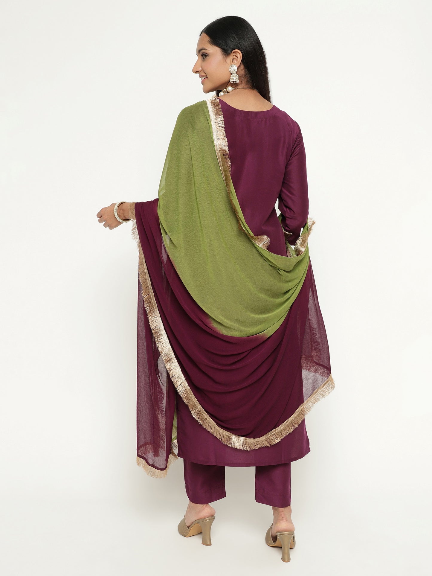 Wine Colour Blend Silk Embroidery Work Party Wear Kurta Pant Dupatta Set For Women's