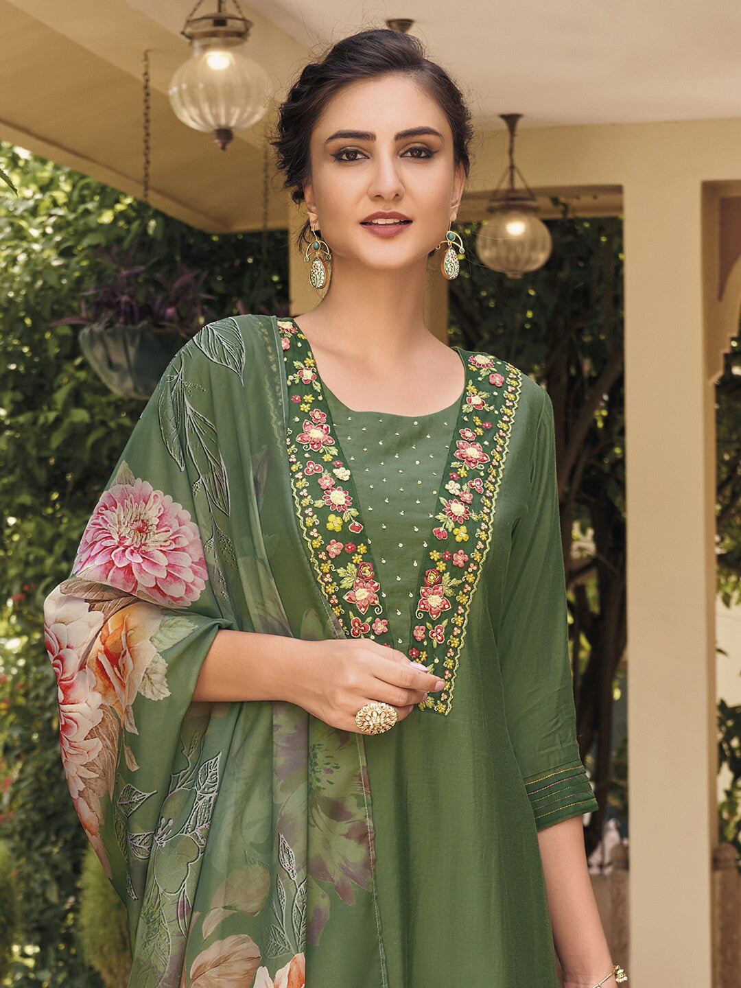 Green Party Wear Embroidery Worked Kurta With Pant And Duppata Set