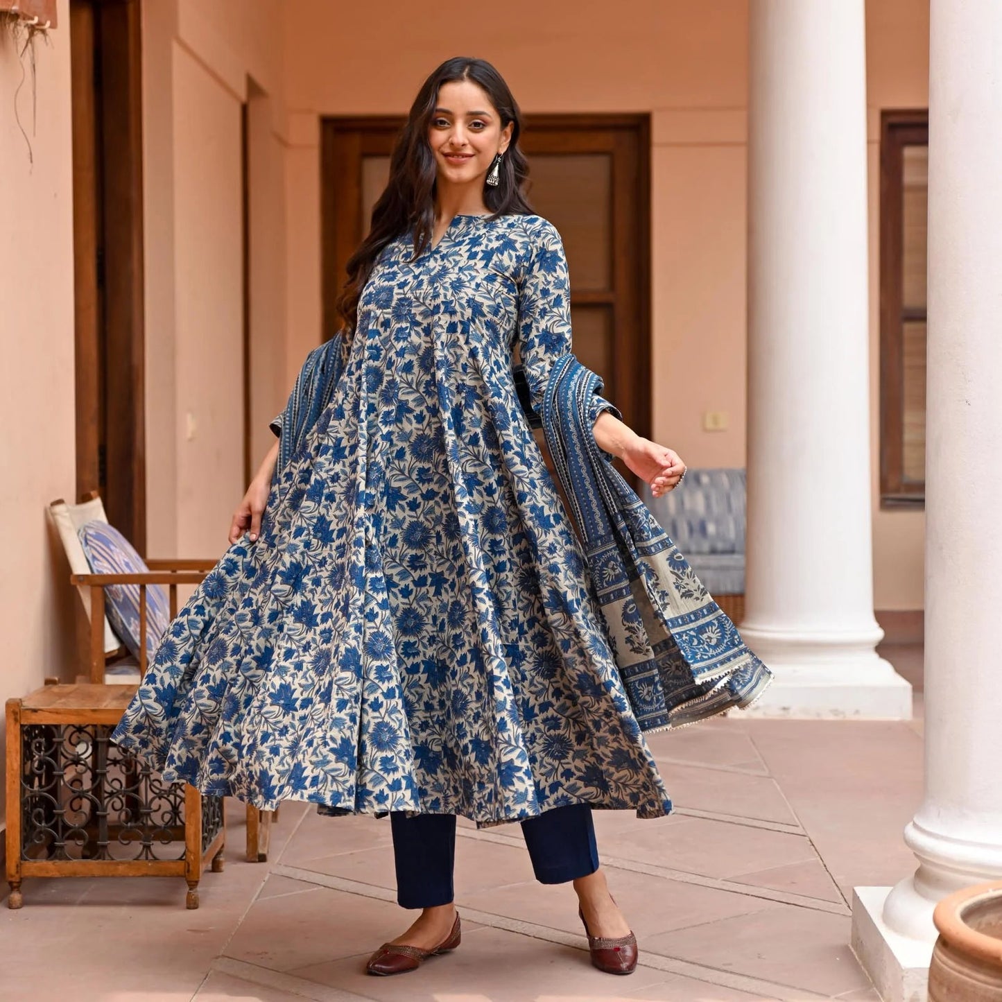 Blue Floral Anarkali Kurta Set For Women