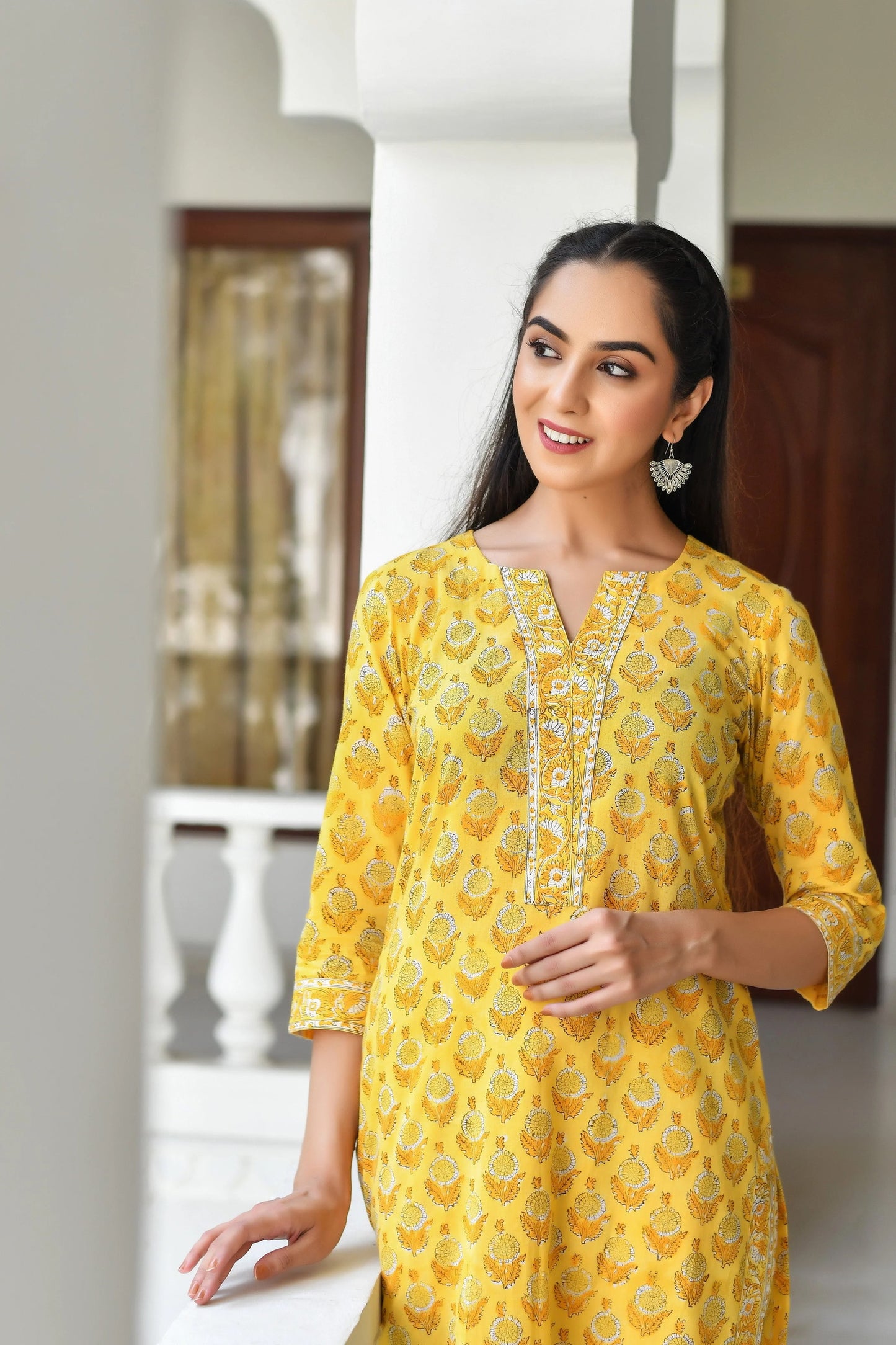 Yellow Printed Straight Kurta and Pant Set with Dupatta