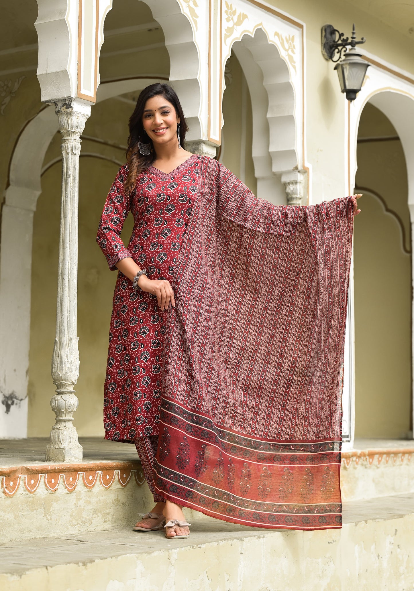 Maroon Color Straight Kurta Pant and printed Dupatta Set For Women