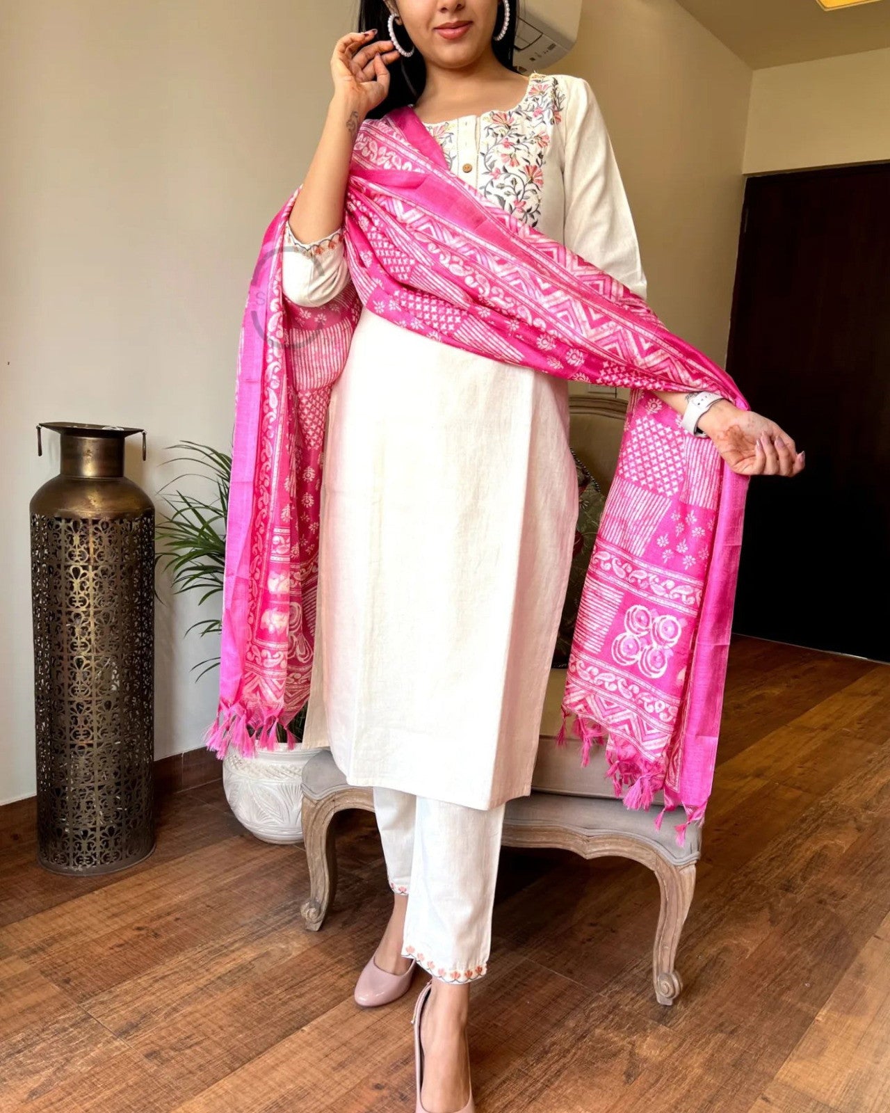 Off White Handloom Khadi Cotton Kurta Pant and Khadi Silk Dupatta Set For Women