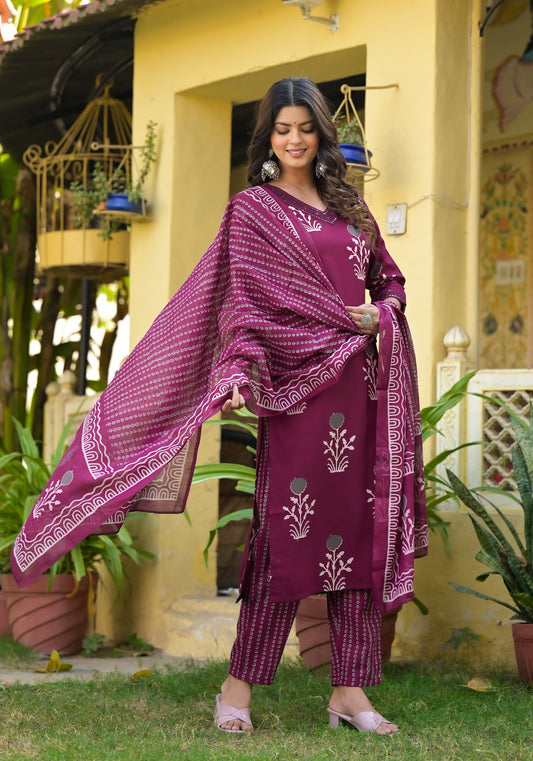 Wine Color Straight Kurta Set with Bottom Wear and Dupatta