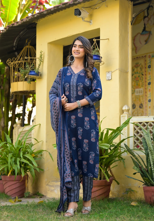 Floral Printed Kurta With Bottom Wear and Dupatta in Blue Color