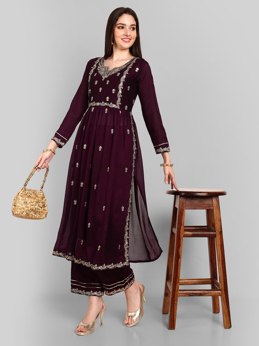 Women Embroidered Vichitra Silk kurta Pant set in Wine Color