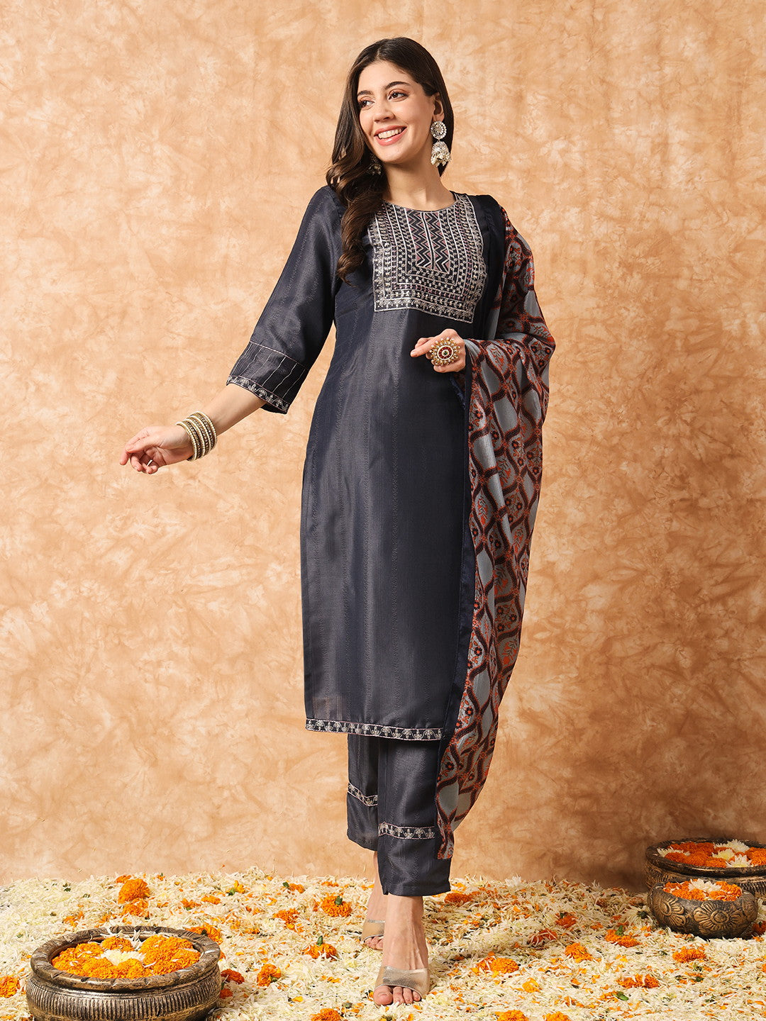 Designer Sequence Embroidery Work Chinon Kurta with Trousers & Dupatta