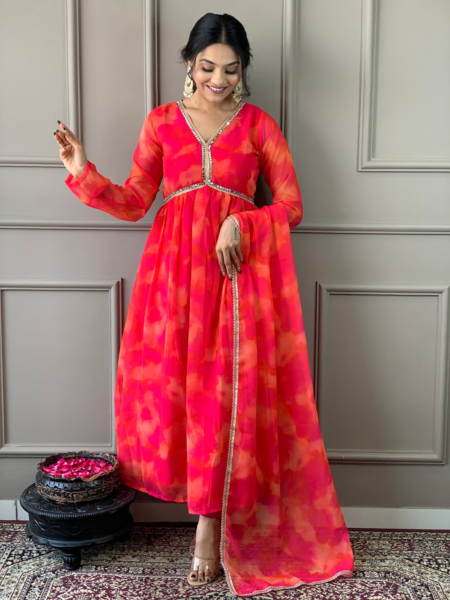 Women Anarkali Printed Kurta Pent Set with Dupatta