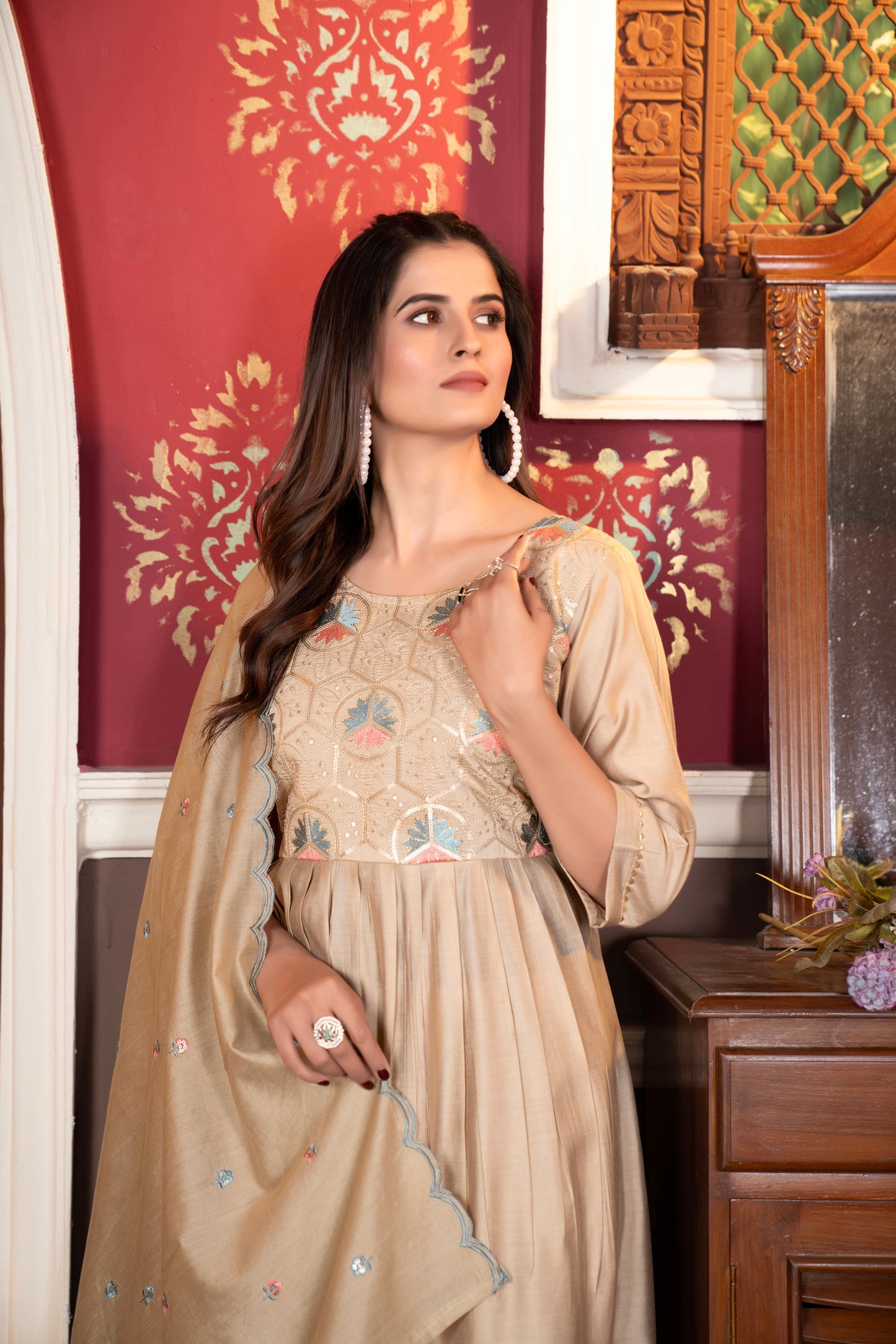 Women's Viscous Rayon Flared Kurta With Pant And Cut Work Dupatta