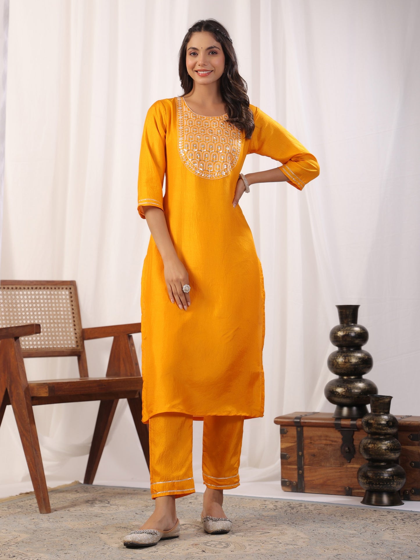 Yellow Embroidered Kurta with Trousers with Dupatta