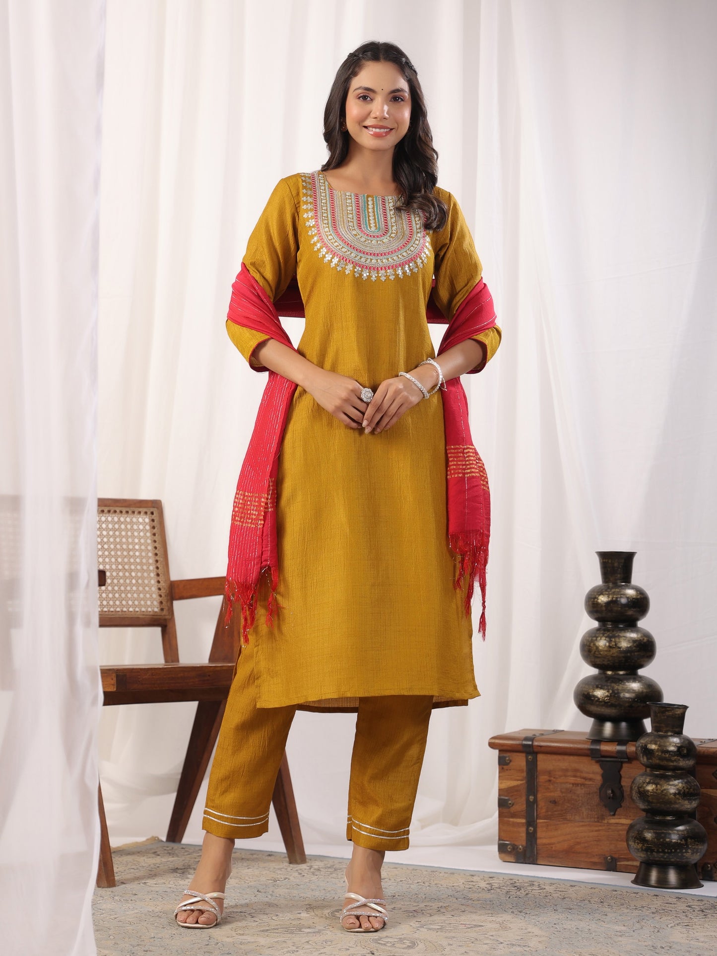 Solid Straight Round Neck Silk Kurta Pant Set With Dupatta