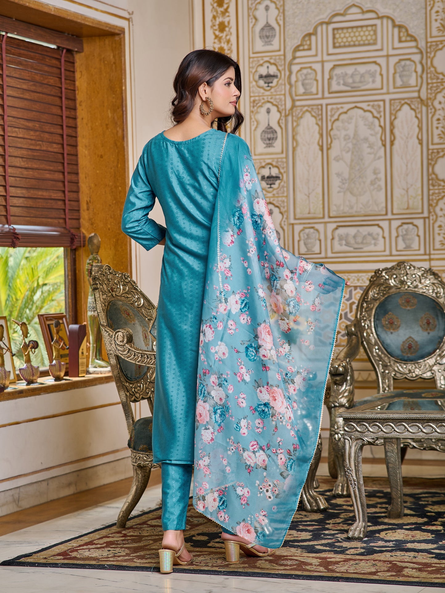 Embroidered Chanderi Kurti With Pant & Dupatta Set