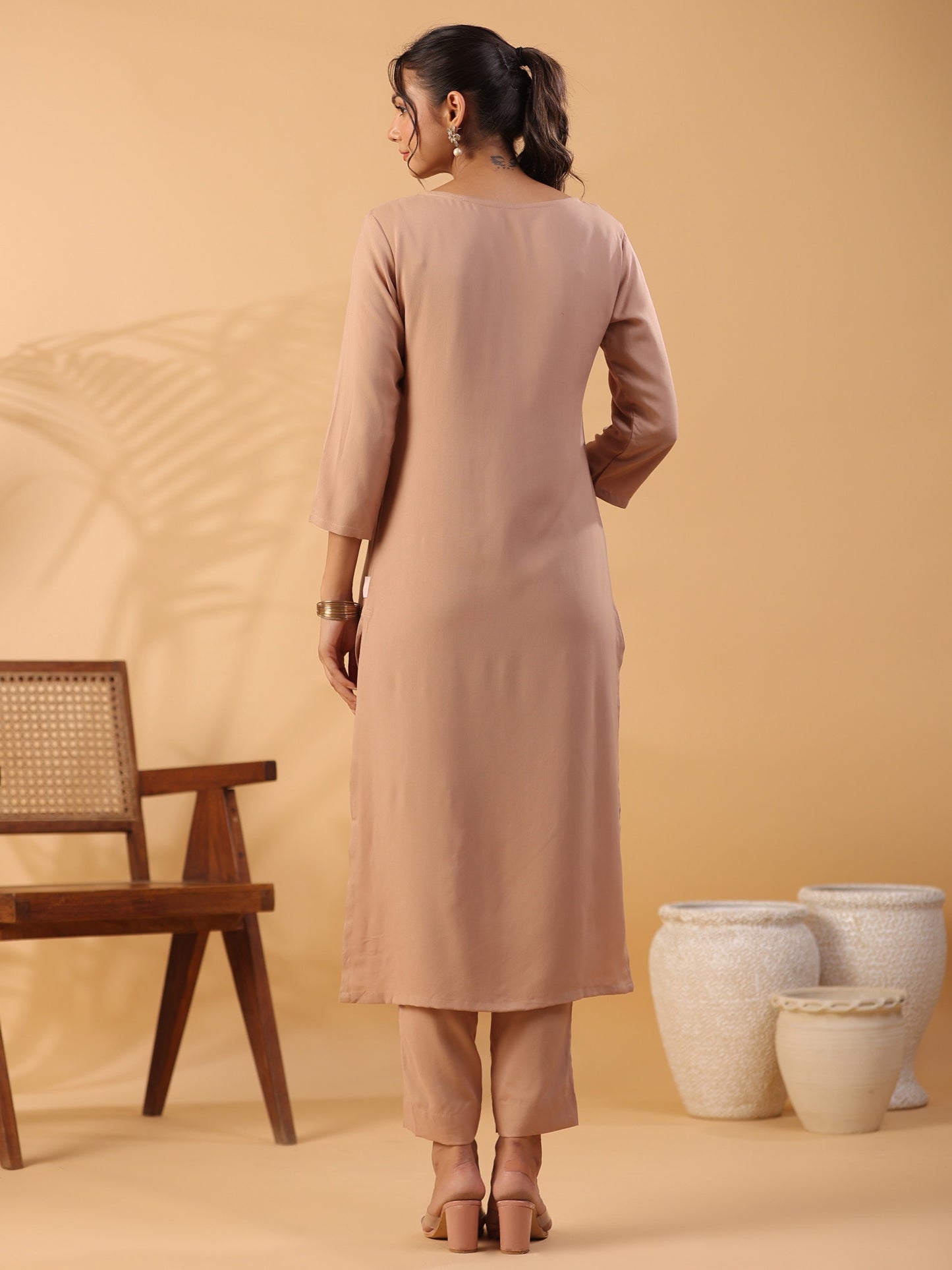 Peach Round Neck Straight Kurta With Trouser