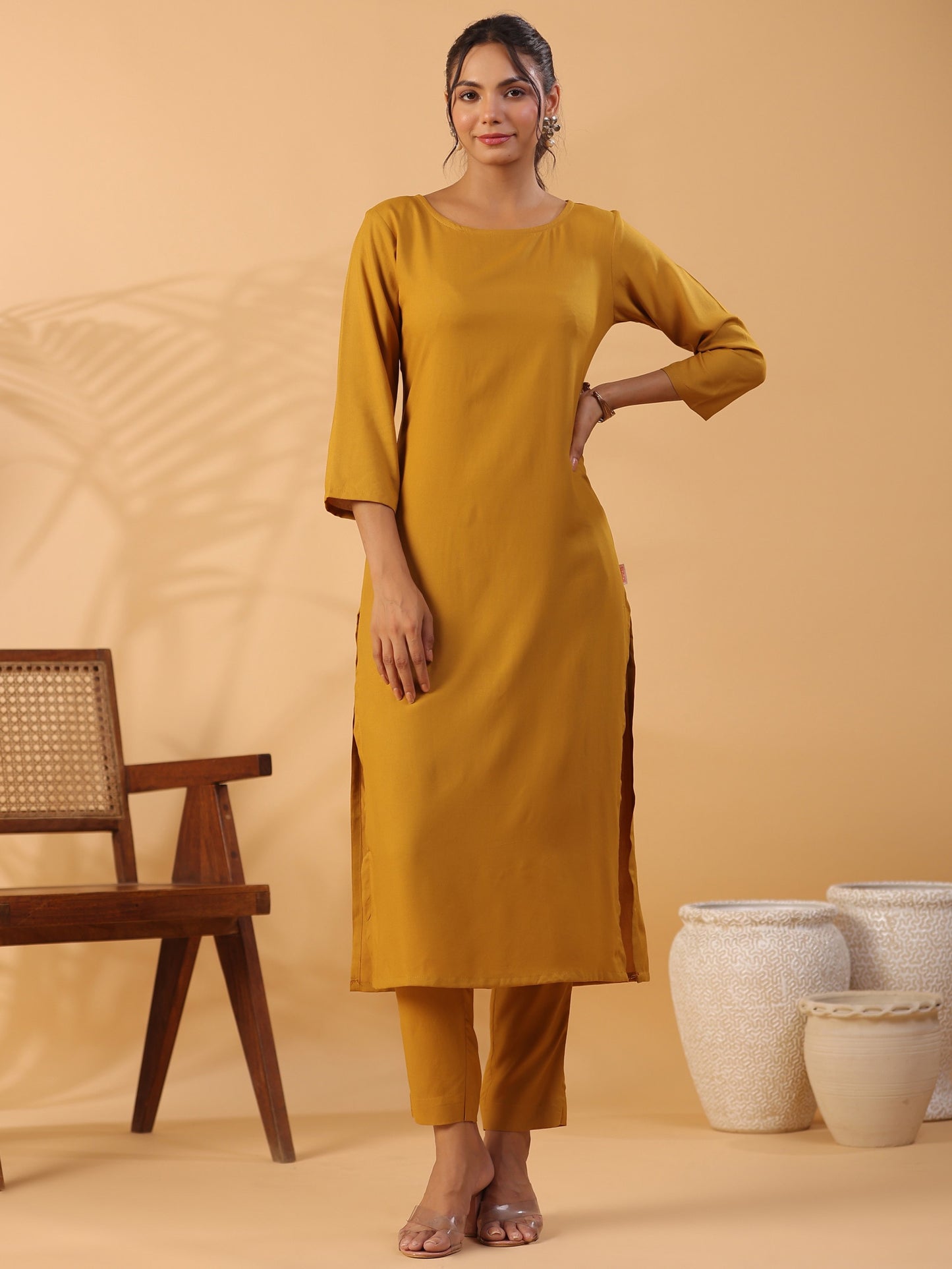 Mustard yellow Round Neck Straight Kurta With Trouser