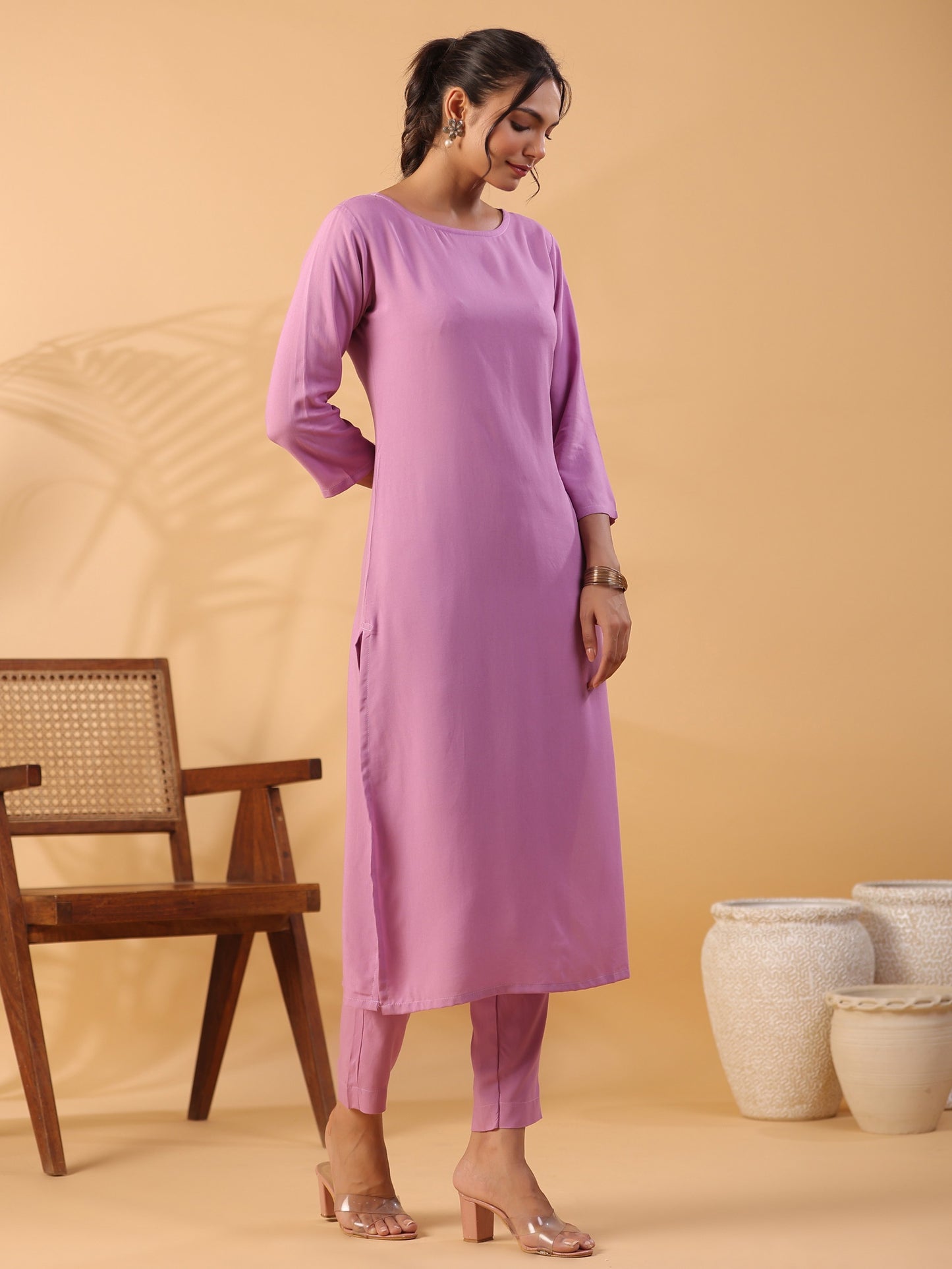 Mauve Colour Round Neck Straight Kurta With Trouser