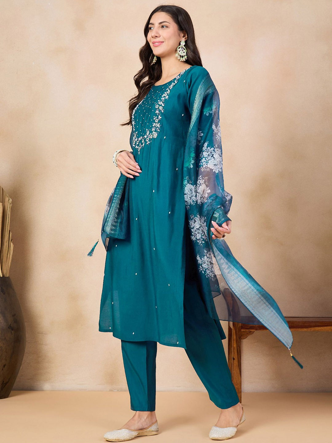 Beautiful Teal Blue Embroidered Kurta Set with Bottom Wear and Dupatta