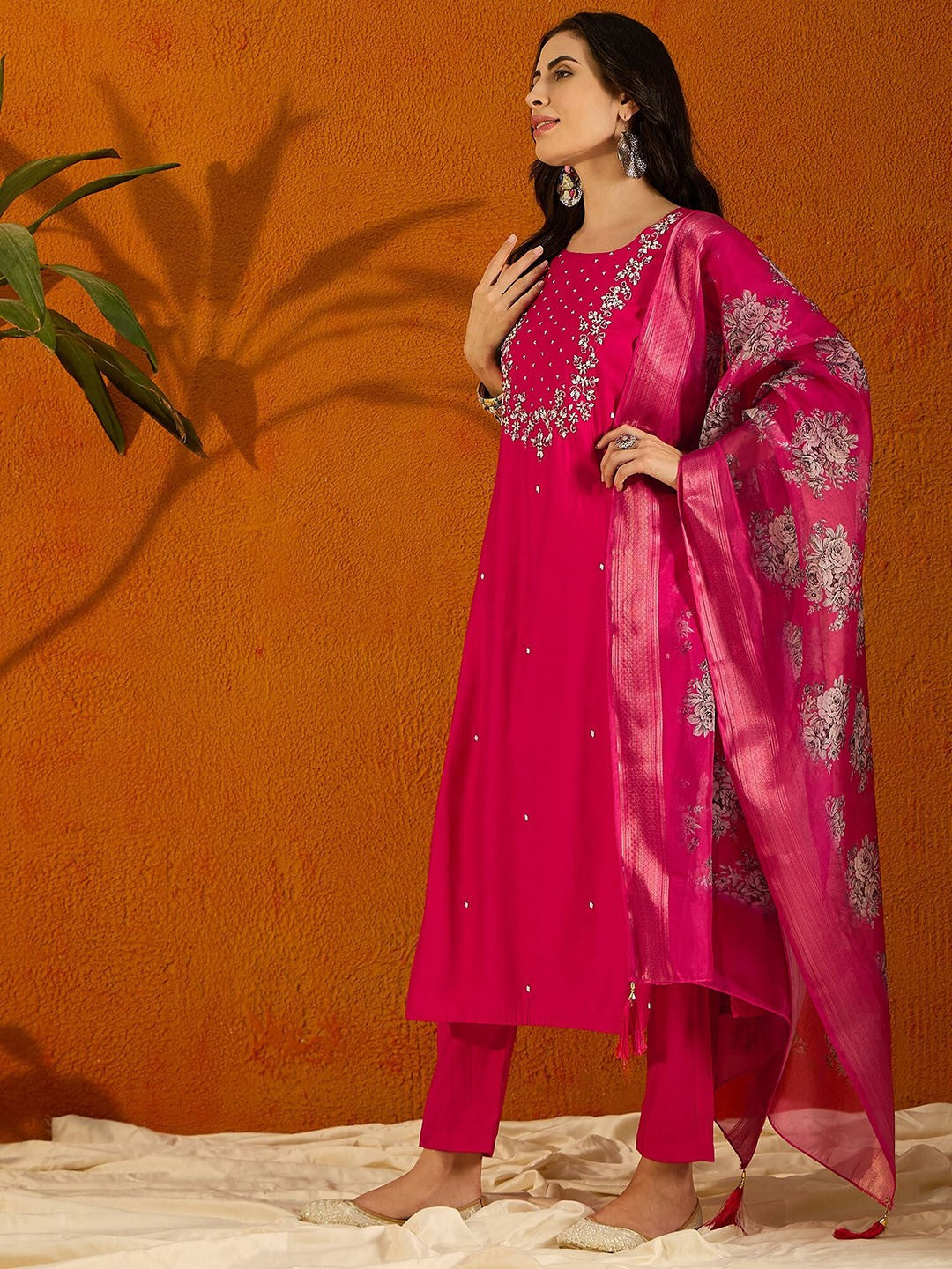 Beautiful Pink Embroidered Kurta Set with Bottom Wear and Dupatta