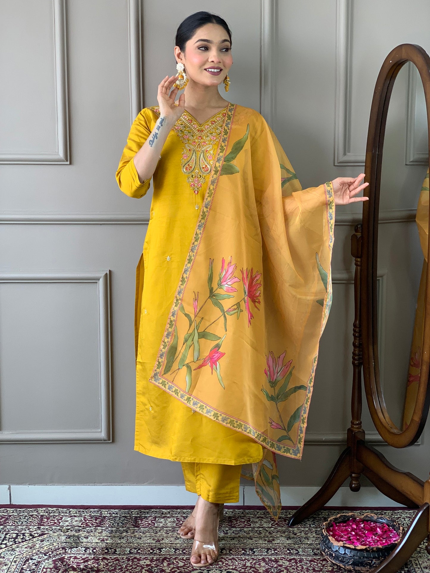 Mustard Classic Embroidery Design Kurta With Pant and Dupatta