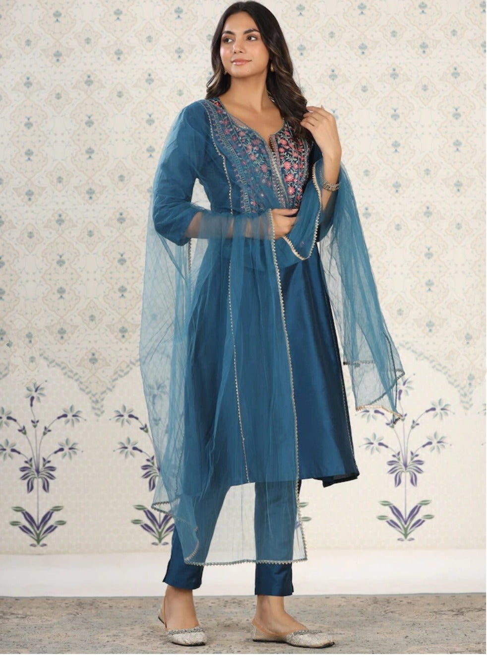 Beautiful Petrol Embroidered Kurta Set with Bottom Wear and Dupatta