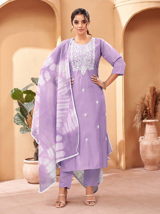 Beautiful and Simple Lavender colour Embroidered Kurta set With Bottom and Dupatta