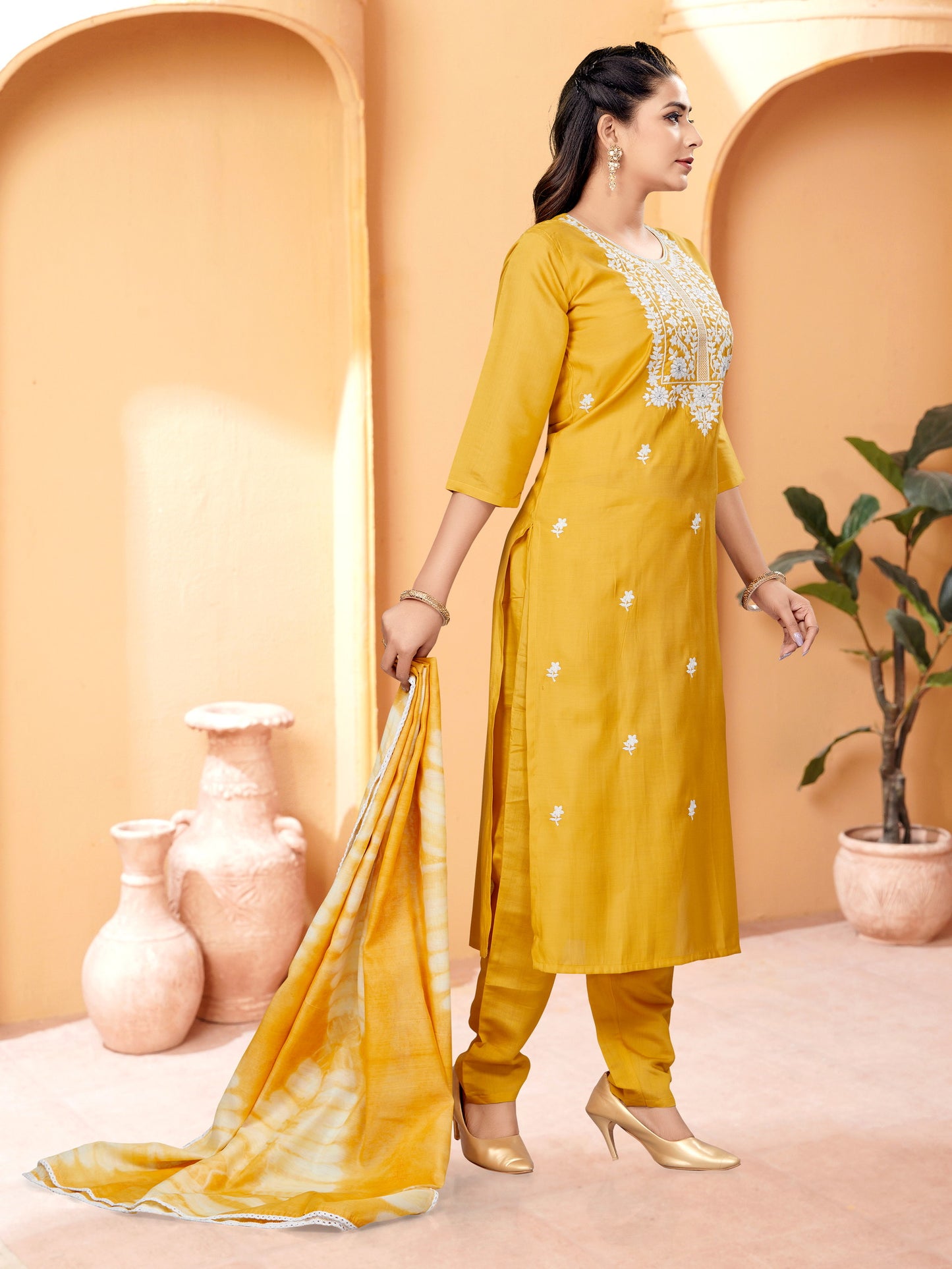 Mustard Yellow Simple Beautiful Kurta Set with Bottom and Dupatta