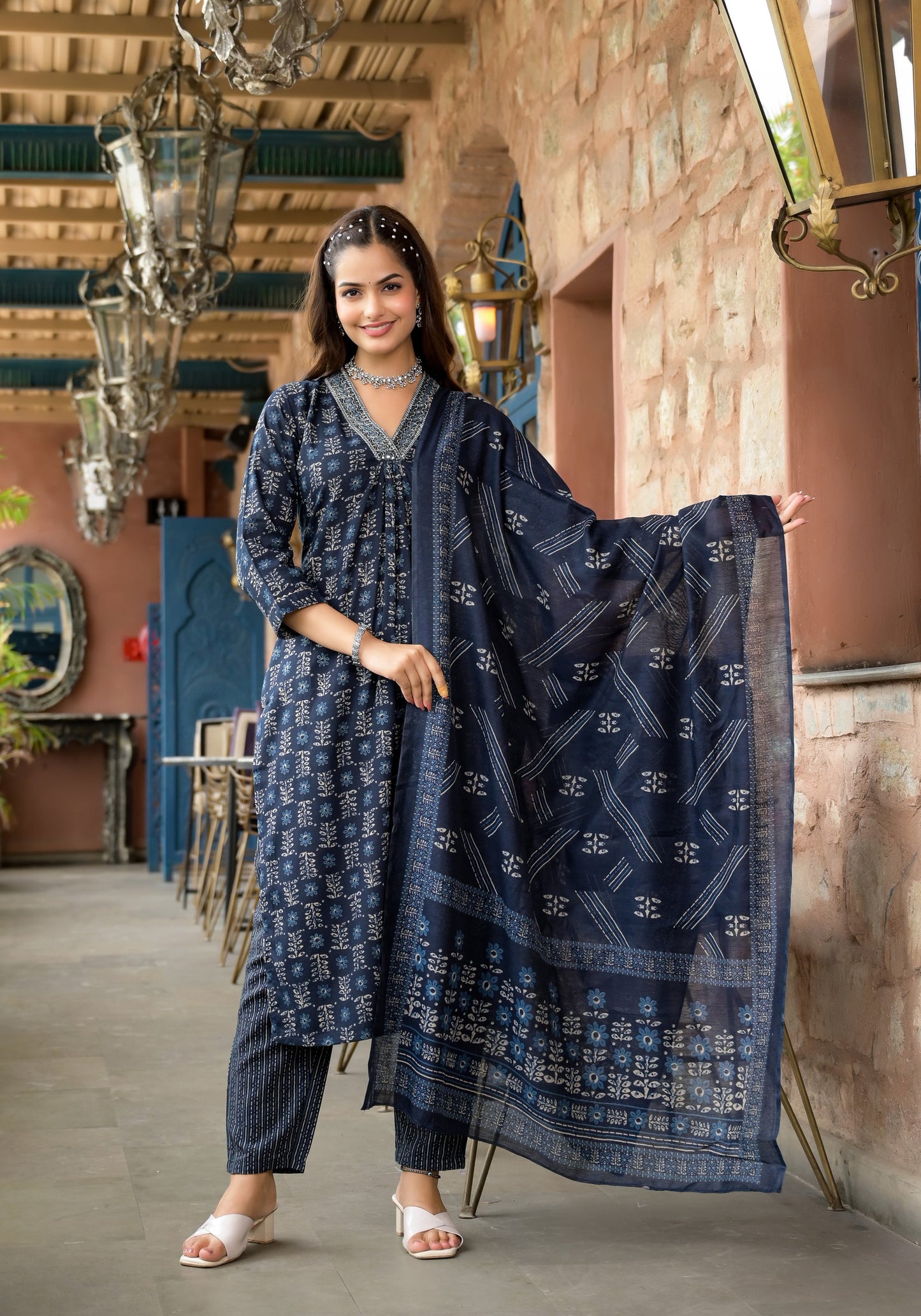 Floral Printed Kurta With Bottom Wear and Dupatta in Blue Color