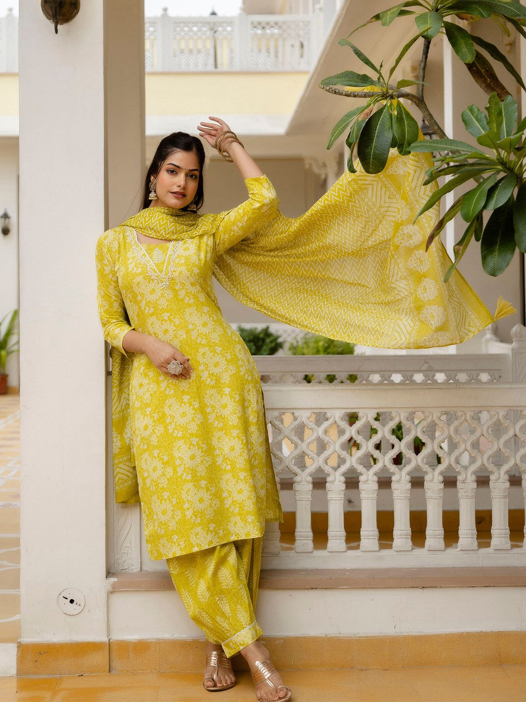 Printed Yellow Kurta Set with Bottom Wear and Dupatta